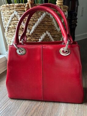 Vintage Inspired Red Faux Leather Satchel with Silver Hardware